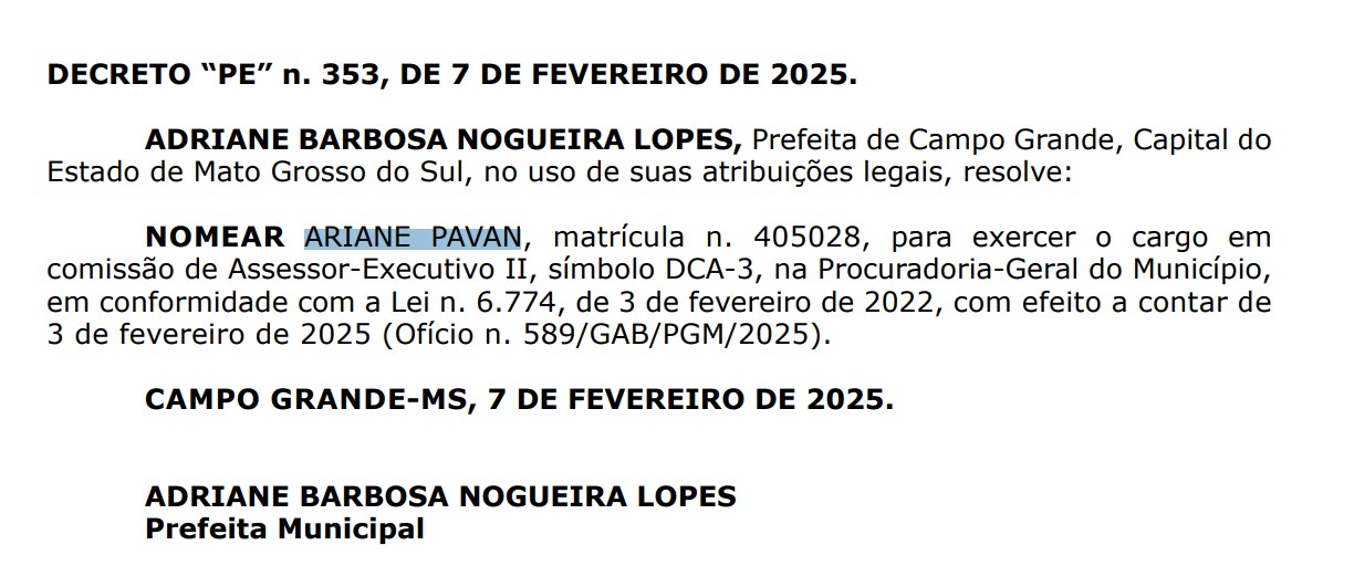 ADRIANE NOMEIA ADVOGADA FILHA DO PRESIDENTE DO TJMS NA PROCURADORIA