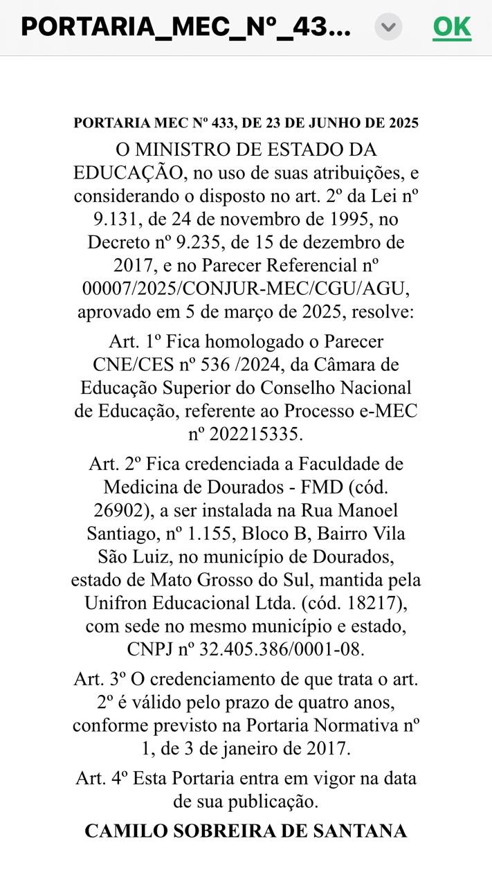 Dourados terá nova Faculdade de Medicina acreditada pelo MEC